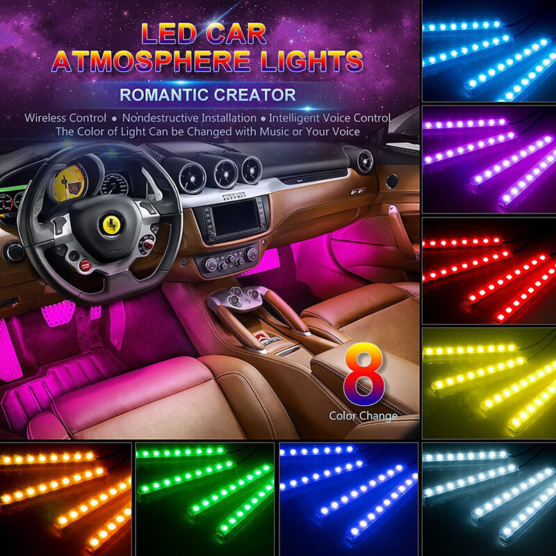 Car LED Strip Light 48 LEDs Multicolor Music Car Interior Lights Under Dash Lighting Waterproof Kit Car Charger Included 12V